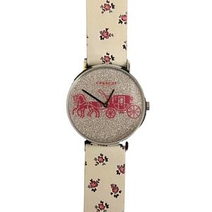 Coach Perry White Pink Silver Stainless Steel Case Leather Strap Watch New